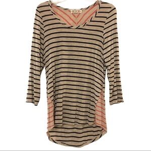 Pink Rose Shirt Beige Coral Navy Blue Stripe 3/4 Sleeve Scoop Neck Hi Lo Size M